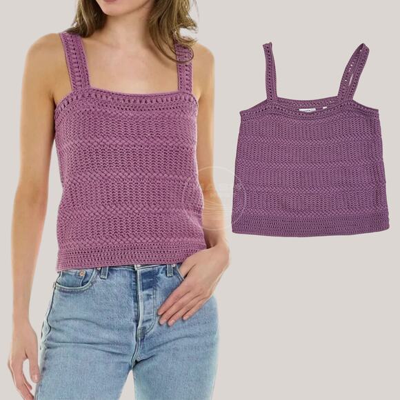 Vince L Crochet Knit Tank TopPurple Square Neck Cotton Minimalist NWOT